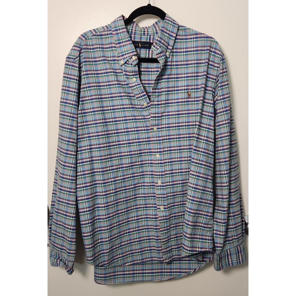Ralph Lauren Mens XL Blue Plaid Long Sleeve Button Up Flesh Pony Preppy Business